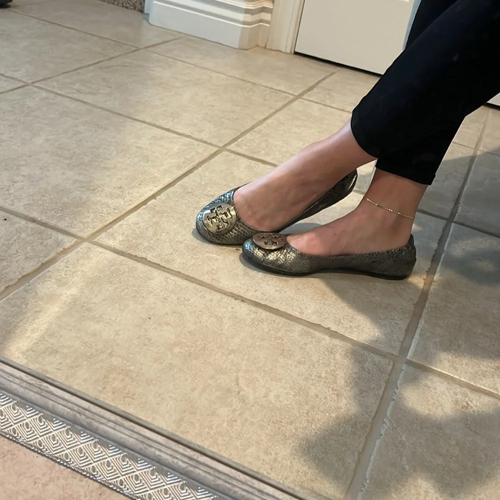 Tory Burch Reva Silver Ballet Flats Reptile Print